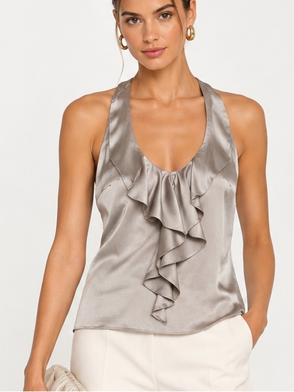 Reiss 100% Silk Ruffle Halter Blouse Silver Taupe Sleeveless Top